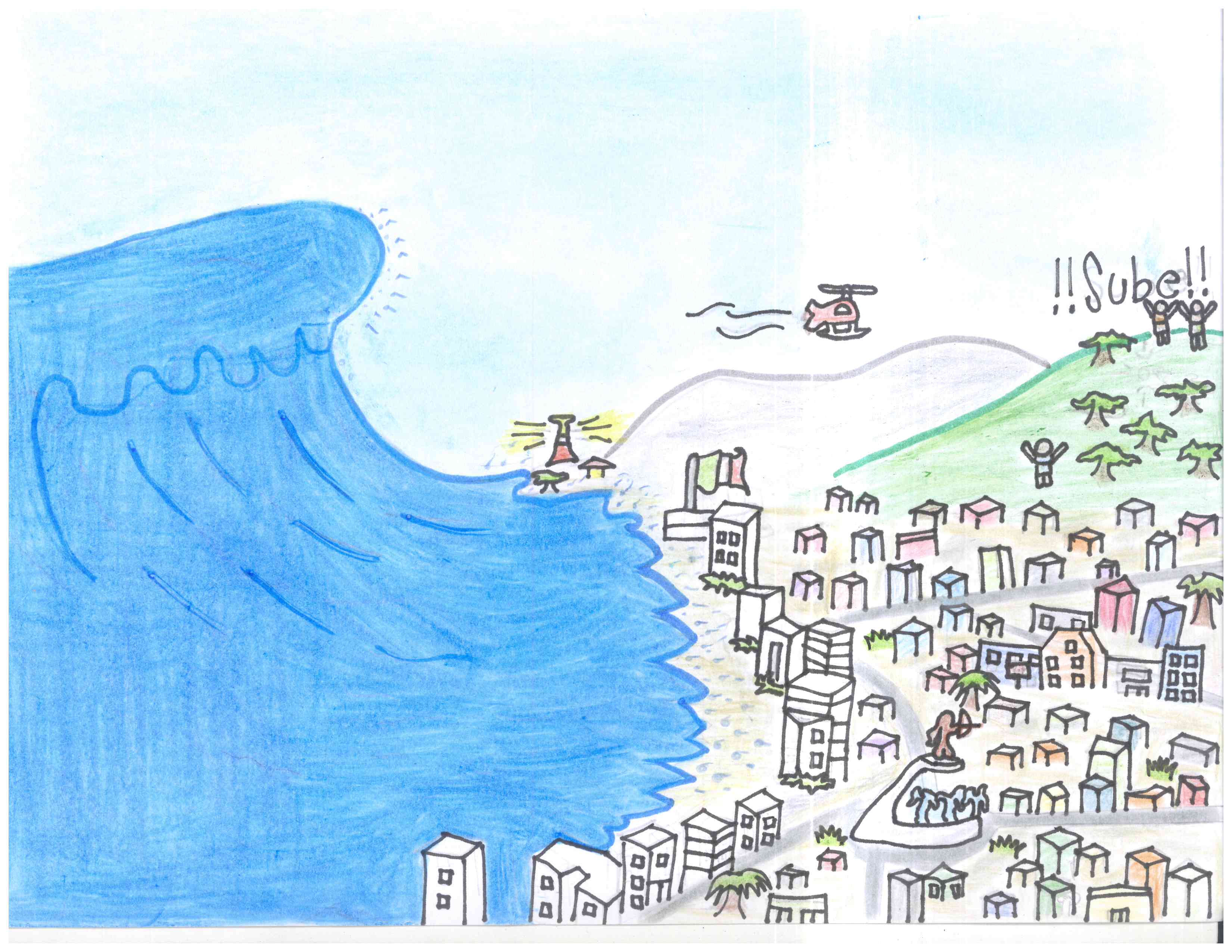 Los tsunamis son olas gigantes. Dibujé el puerto de Acapulco ante la llegada de un tsunami: Freddy Uriel Neri Galeana, primer lugar.