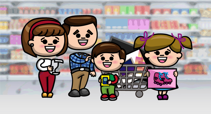 Ilustración de una familia realizando compras en el supermercado.