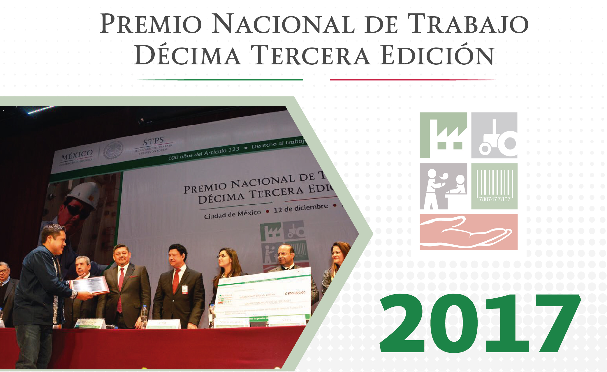 Ilustración del Premio Nacional de Trabajo 2017, en la que uno de los ganadores recibe su reconocimiento de manos de Alfonso Navarrete Prida