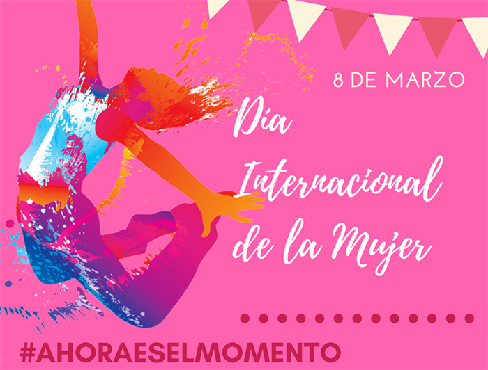Silueta de mujer saltando acompañada del texto 8 de marzo Día Internacional de la Mujer Ahora es el Momento