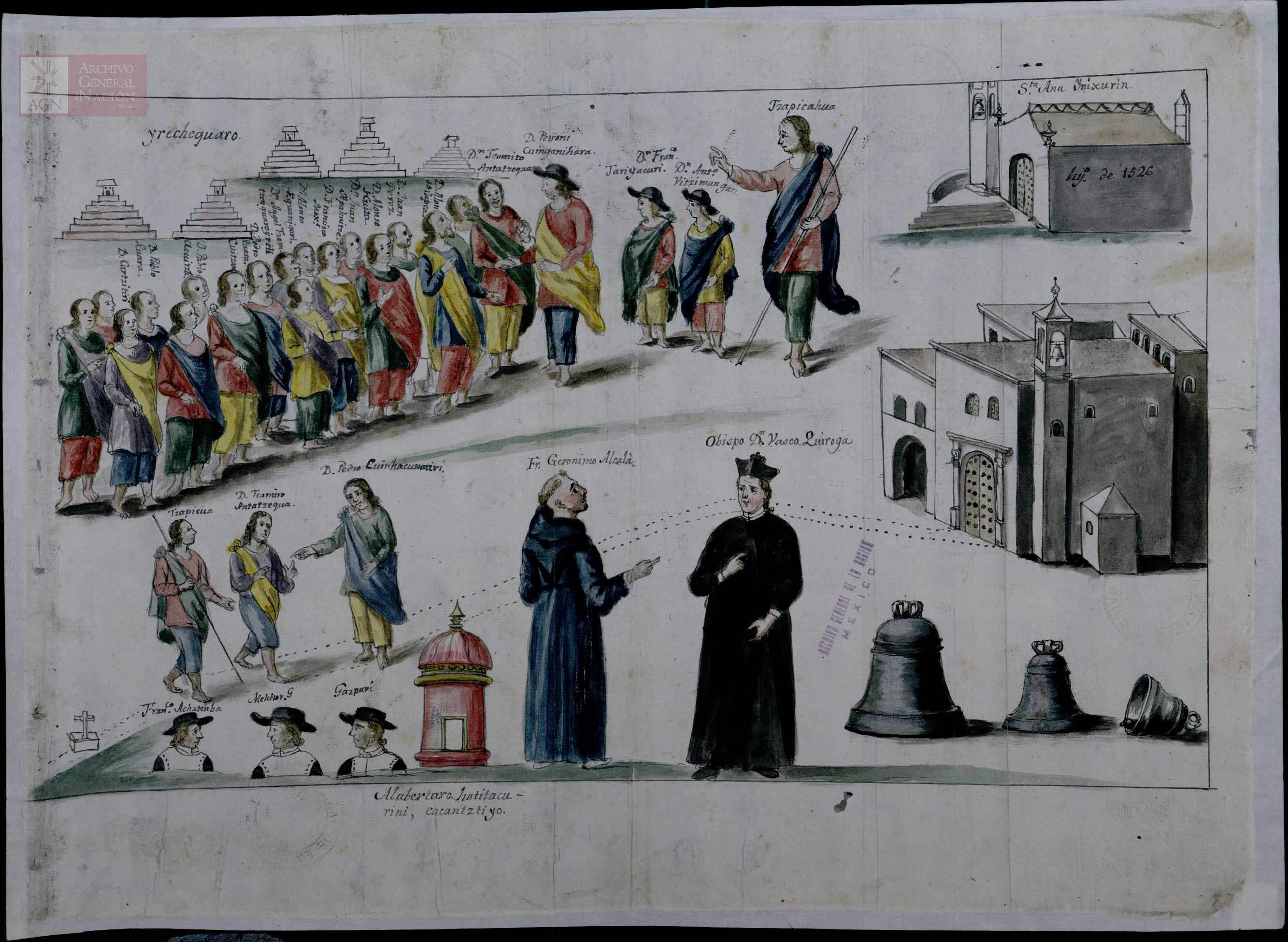 Vasco de Quiroga y Fray Gerónimo de Alcalá tratan del traslado del Obispado de la ciudad, en Crónica de Michoacán