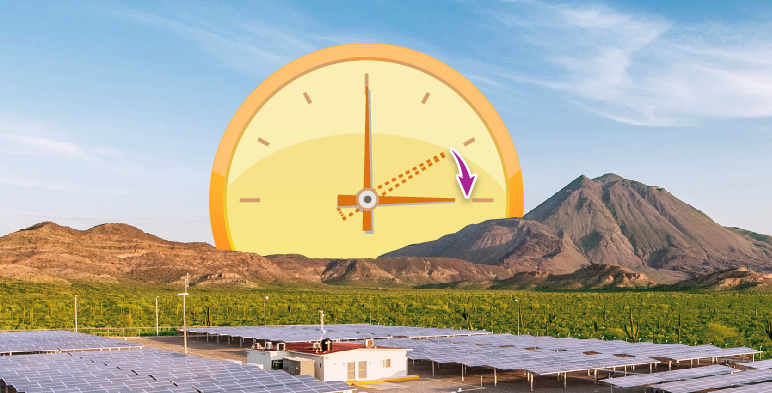 Ilustración de reloj, con fotografía de paneles solares.
