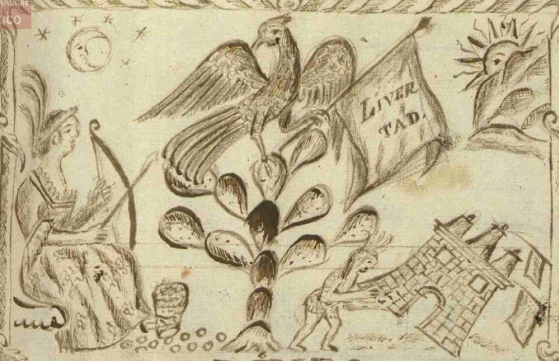 Ilustración de una águila con las alas extendidas, parada en su pata derecha sobre un nopal y portando
una bandera con la leyenda “Libertad” 