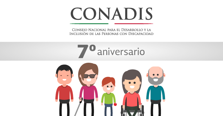 Logotipo del CONADIS, debajo una franja plateada sobre la cual dice 7° aniversario y debajo 5 personajes con discapacidad.