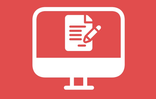 Ilustración de una computadora con un documento en el monitor sobre un fondo rojo