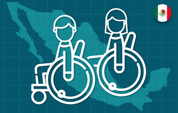 Ilustración de dos personas en silla de ruedas sobre el mapa de la república mexicana 