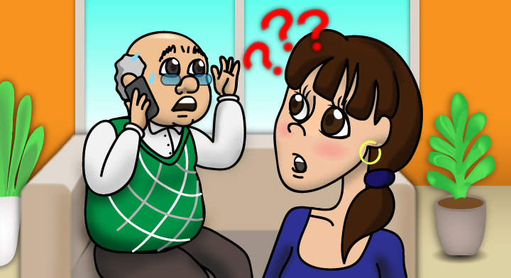 Ilustración de un hombre hablando por teléfono celular y una mujer atestiguando la llamada.