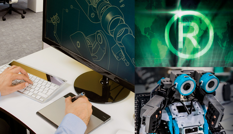 Imagen con elementos que muestran instrumentos de diseño industrial, innovación, robótica y el símbolo internacional de marca registrada