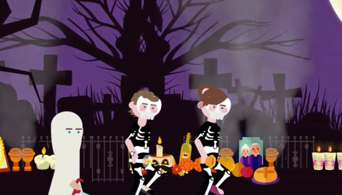 Figuras infantiles de niña, niño y fantasma frente a una Ofrenda de Muertos.