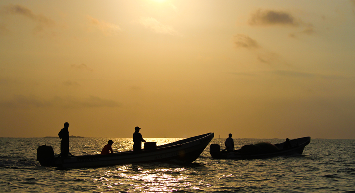 Pescadores ribereños pescando al atardecer 