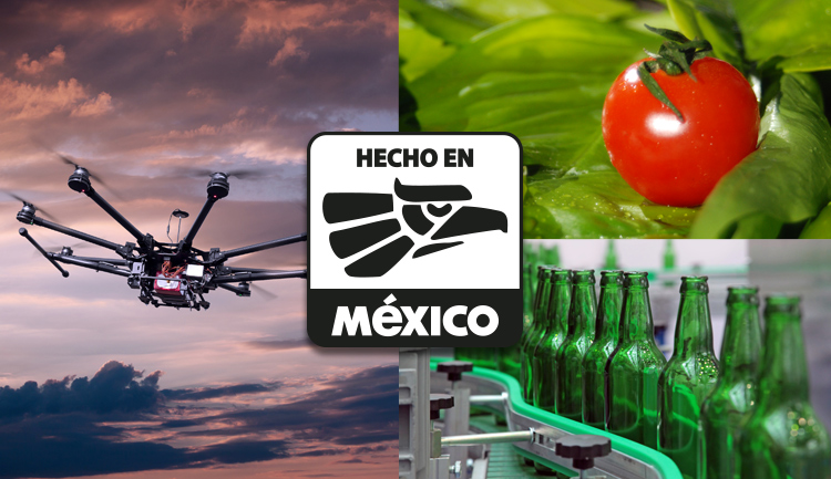 Collage de productos hechos en México como el dron, jitomate y botellas de cerveza