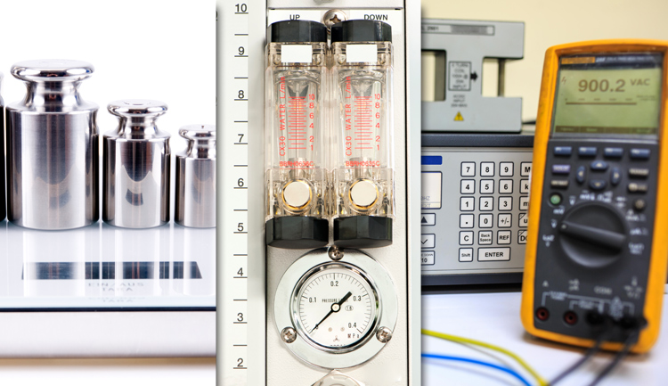 imagen de pesas de laboratorio, termómetro y multímetro