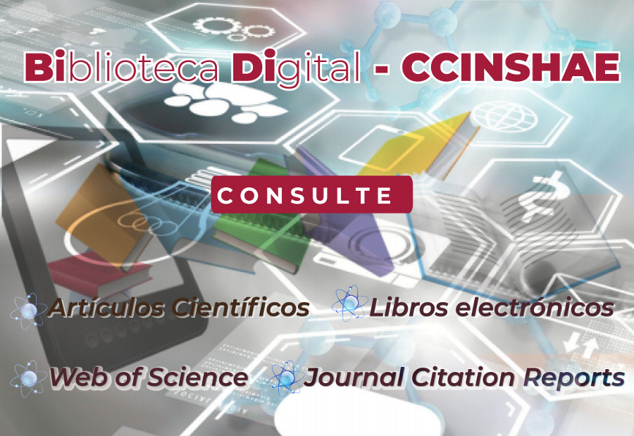 Imagen sobre lo que se encontrará dentro de la Biblioteca Digital CCINSHAE, como los es articulo científicos, web of science, JCR y Libros electrónicos.