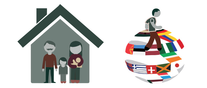 Iconografía de familias y hombres en la migración.