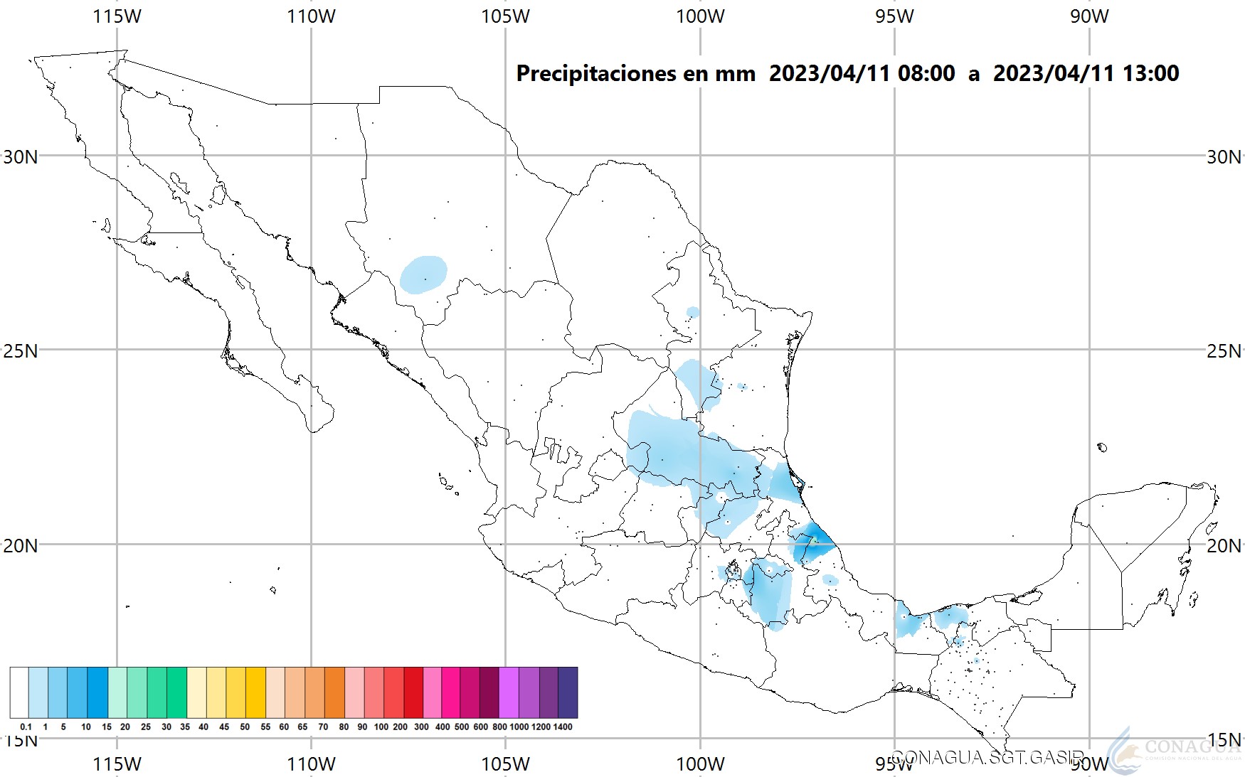 Imagen de un mapa de la república mexicana con algunas marcas en estados, que registran niveles de precipitación.
Logotipo de Conagua.