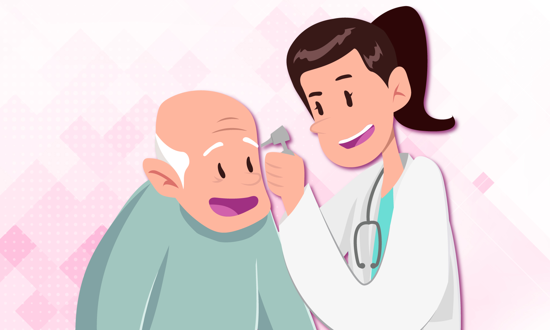 Una doctora revisando el oído a una persona adulta mayor. 