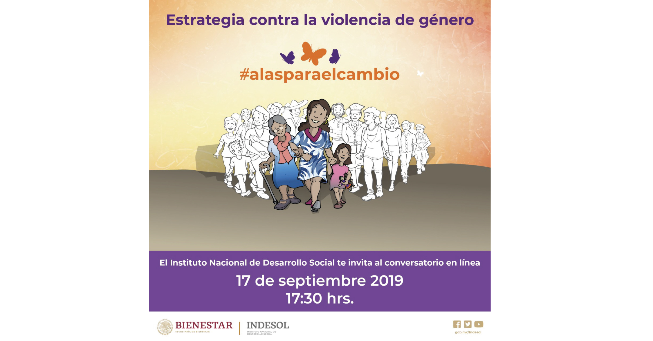 Invitación al conversatorio en línea del Indesol para conocer la estrategia contra la violencia de género