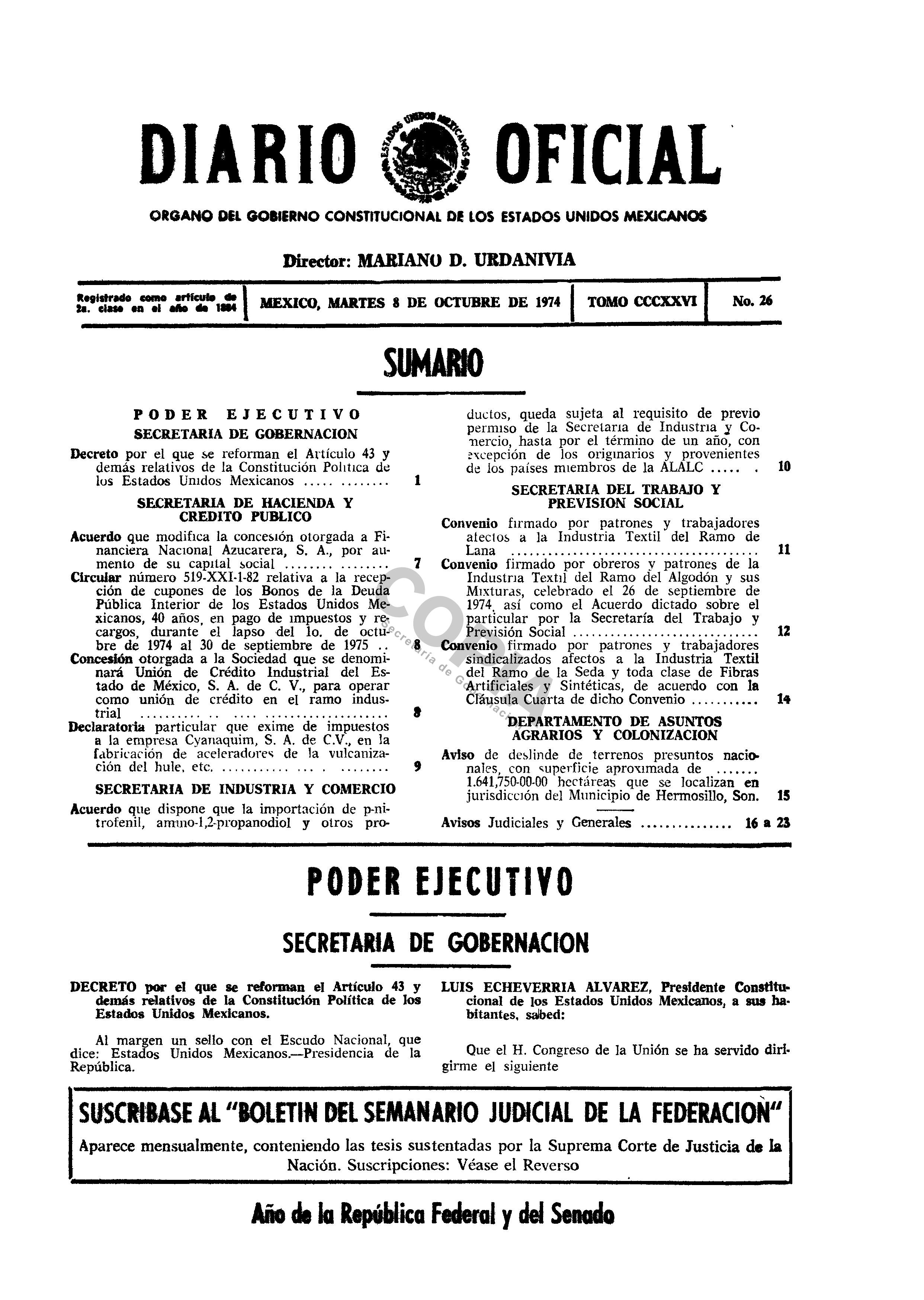 Decreto por el que se reforma el Artículo 43 el 8 de octubre de 1974.