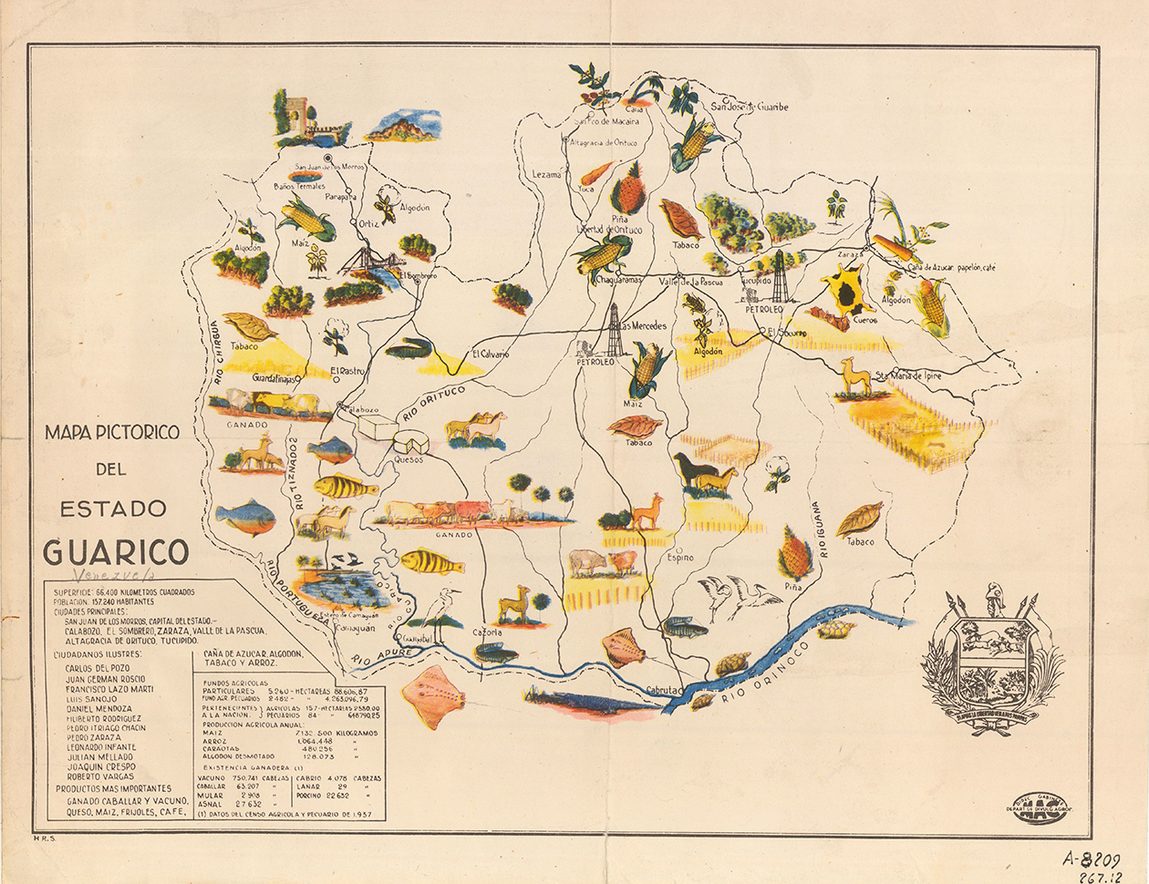 Mapa pictórico del estado de Guárico, Venezuela, que da cuenta de su hábitat; es decir su población, hidrografía y su producción agroalimentaria y ganadera.