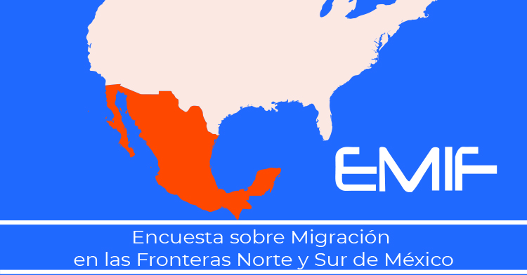 Iconografía del mapa de América del Norte con la leyenda EMIF Encuesta sobre Migración en las Fronteras Norte y Sur de México