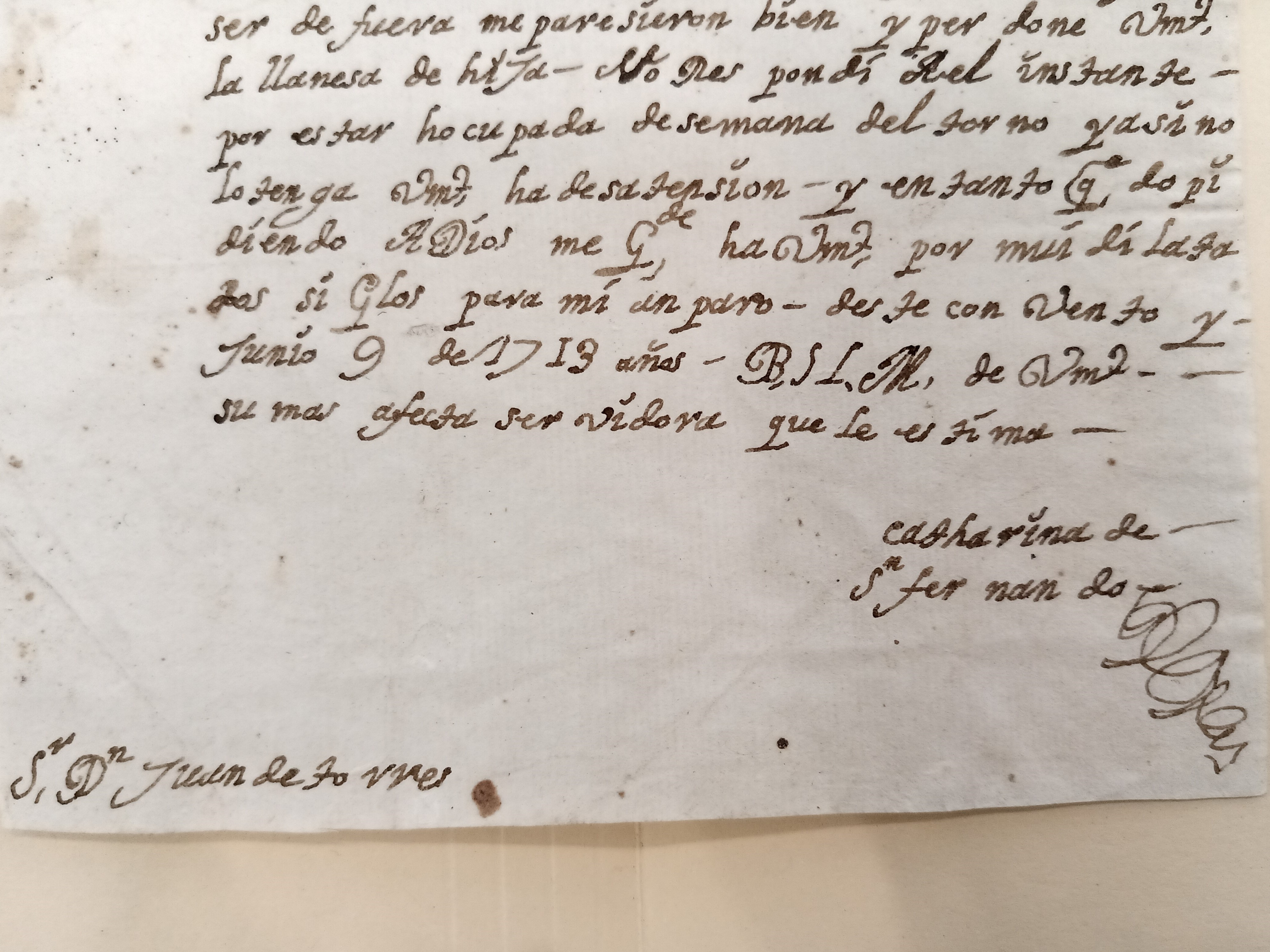 Carta dirigida al Señor Don Juan de torres de catharina de San fernando 