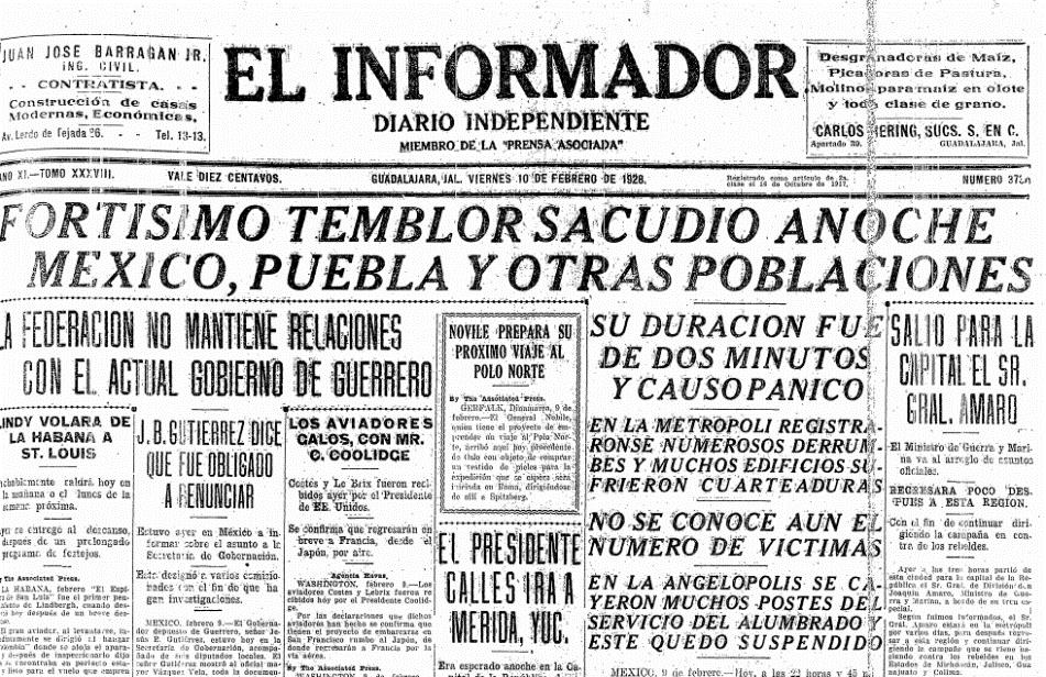 Primera plana del diario “EL INFORMADOR”,   publicado el 10 de febrero de 1928, en Guadalajara, Jalisco, dónde se menciona la noticia de la ocurrencia del evento de la noche anterior (9 de febrero del mismo año)