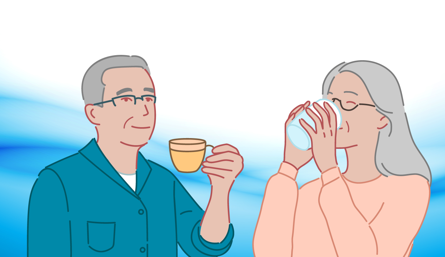 Dos personas mayores tomando agua. 