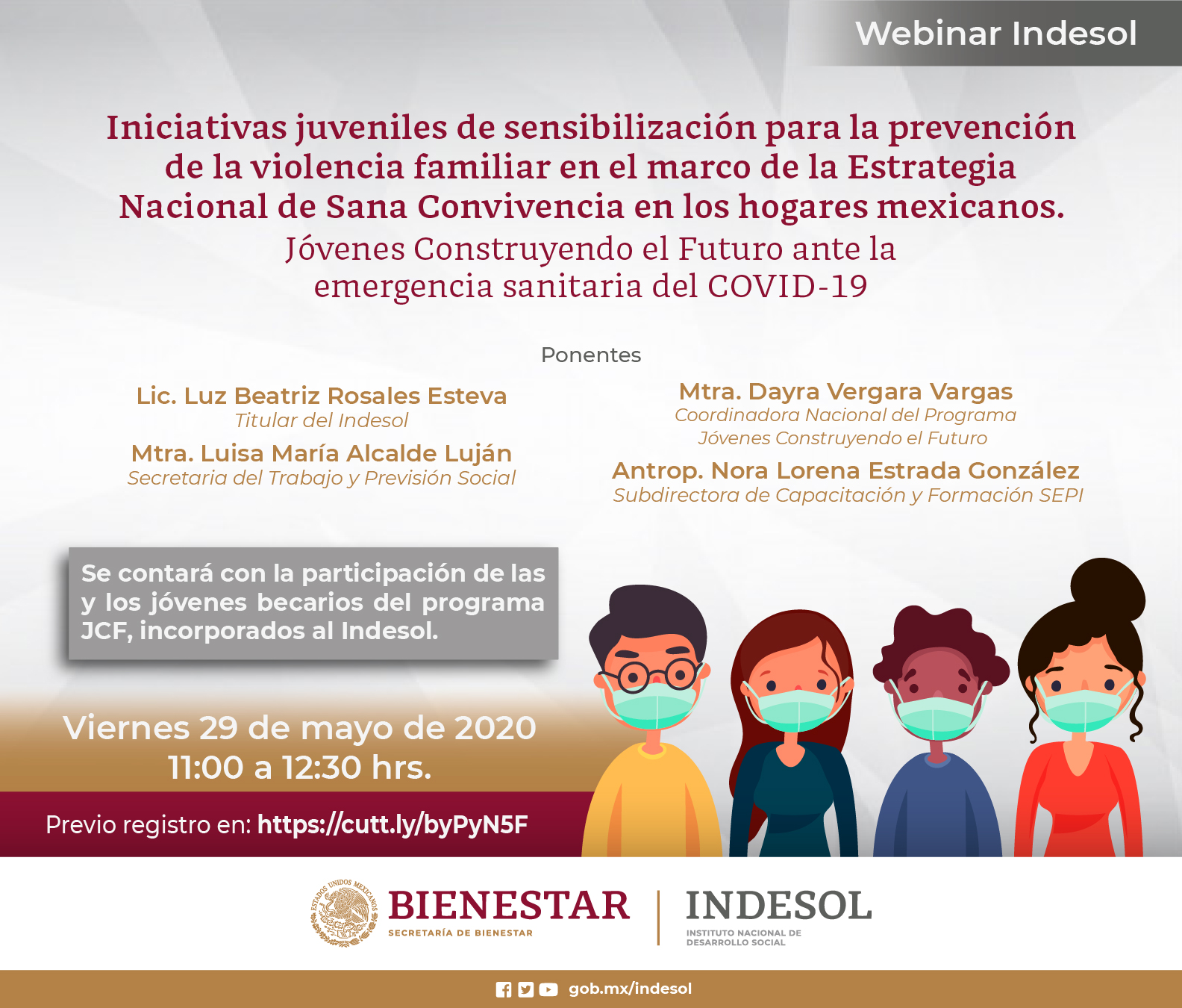 Webinar Indesol Iniciativas juveniles de sensibilización para la prevención de la violencia familiar en el marco de la Estrategia Nacional de Sana Convivencia en los hogares mexicanos.  Viernes 29 de mayo, 11 hrs.