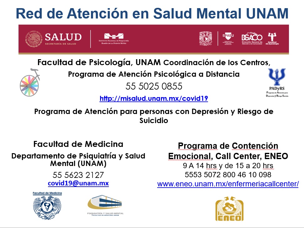 Números telefónicos y páginas web para atender a personas con riesgo de suicidio en la UNAM