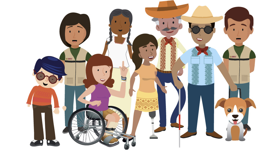 Dibujo de personas con discapacidad, niño y niñas, adultos y personas adultas mayores; y servidores de la nación