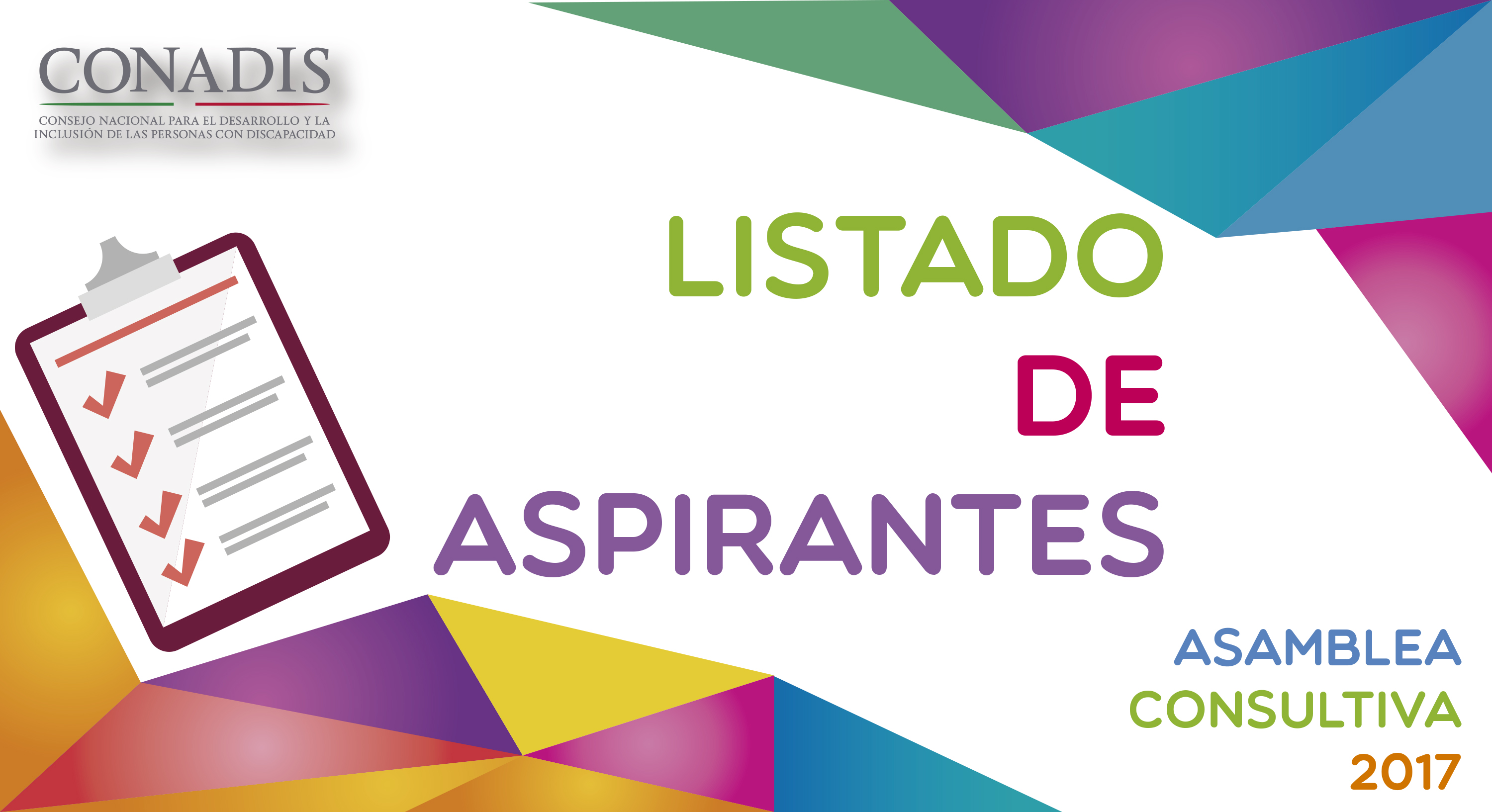 Imagen con la leyenda "Listado de aspirantes, Asamblea Consultiva 2017" y el logotipo del CONADIS
