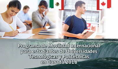 Lado derecho: alumnos tomando clase con la bandera de México en una esquina
Lado izquierdo: Joven con cuaderno en las manos y la bandera de Canadá en una esquina