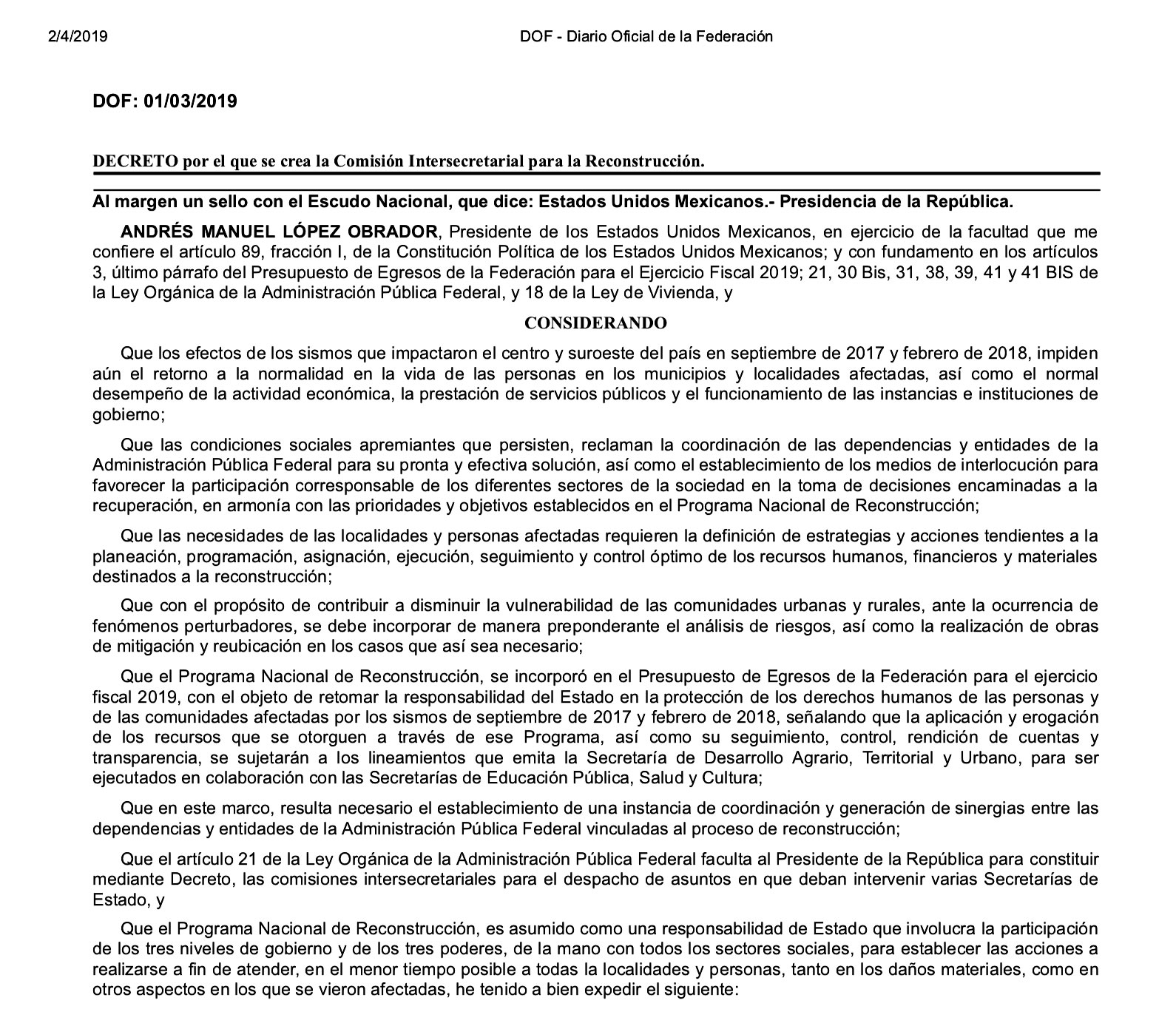 Imagen de la página uno del Decreto en el diario Oficial de la Federación
