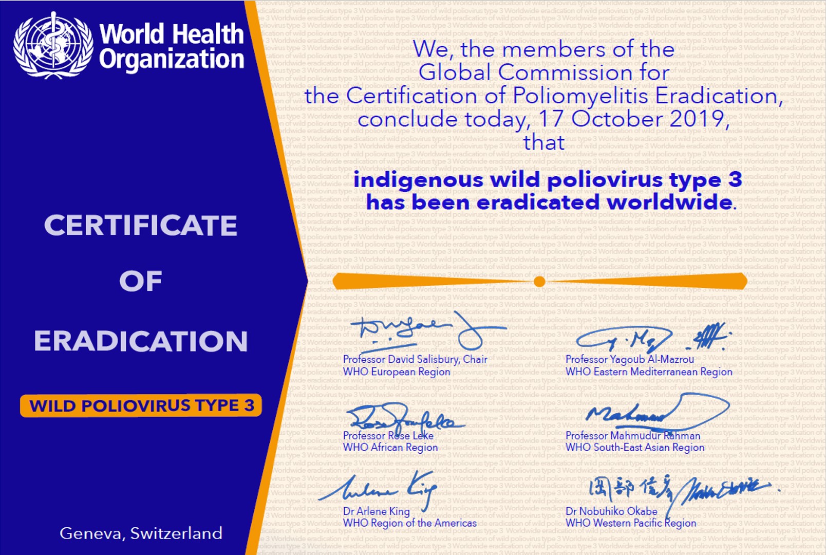 Certificado de erradicación del WPV tipo 3