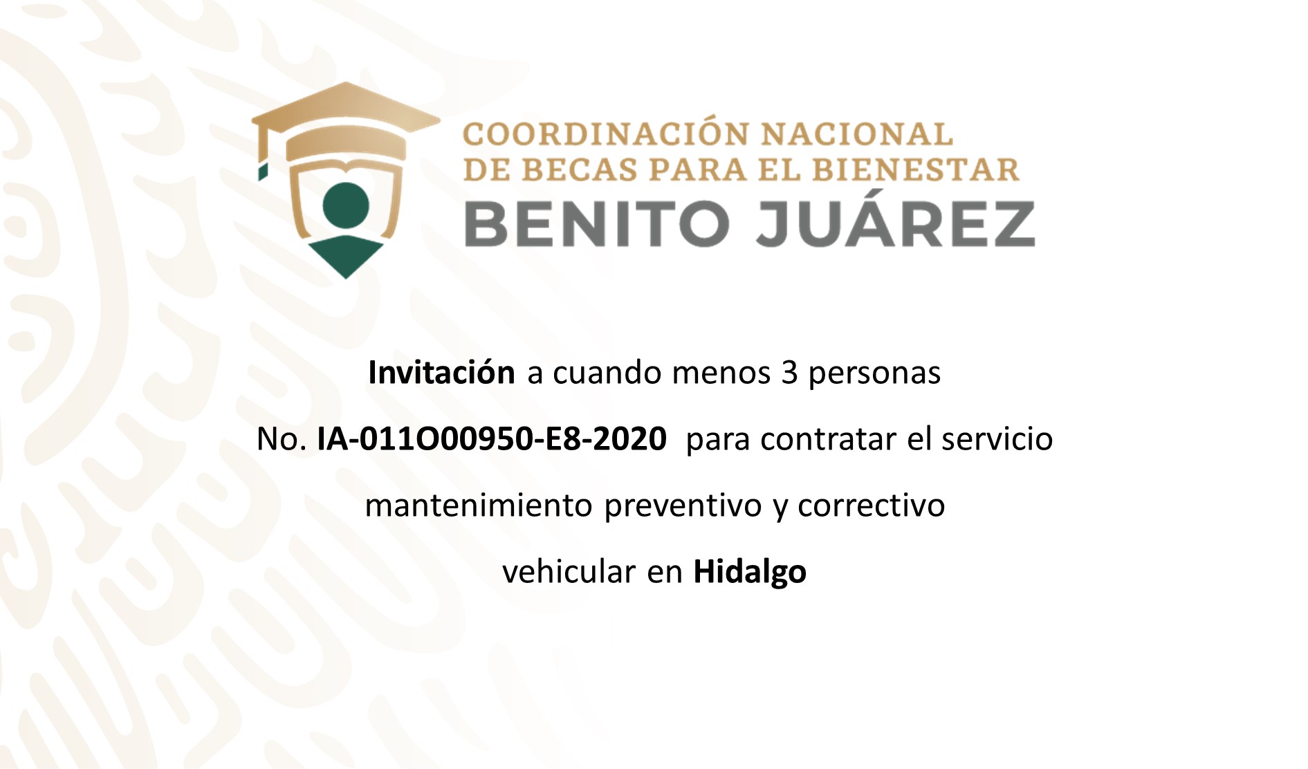 Invitación a cuando menos tres personas para contratar el servicio de mantenimiento vehicular en Hidalgo