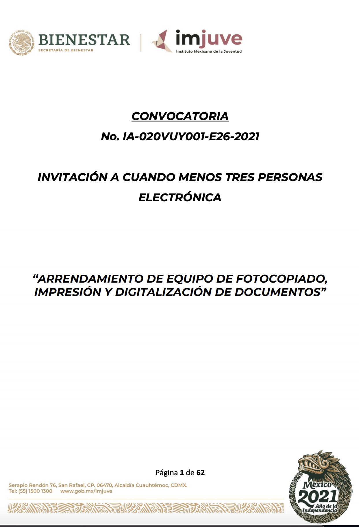 Convocatoria No. lA 020VUY001 E26 2021 Arrendamiento de equipo de fotocopiado, impresión y digitalización de documentos