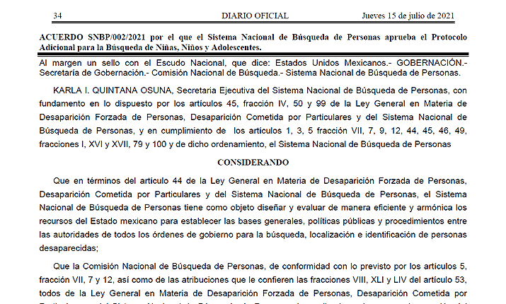 Carátula del Protocolo en el Diario Oficial de la Federación (DOF).