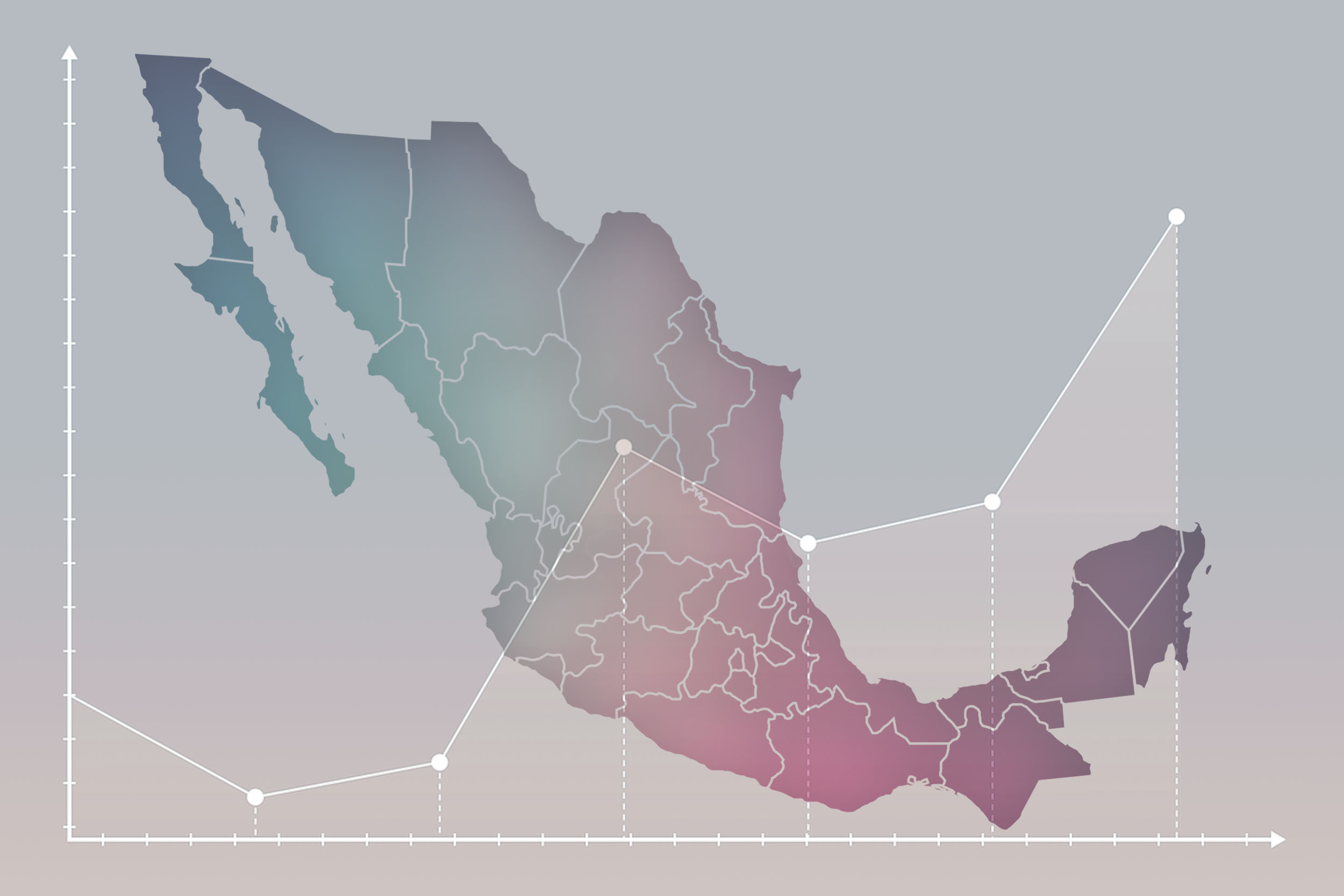 Mapa de la República Mexicana con gráfica de puntos sobre ella.