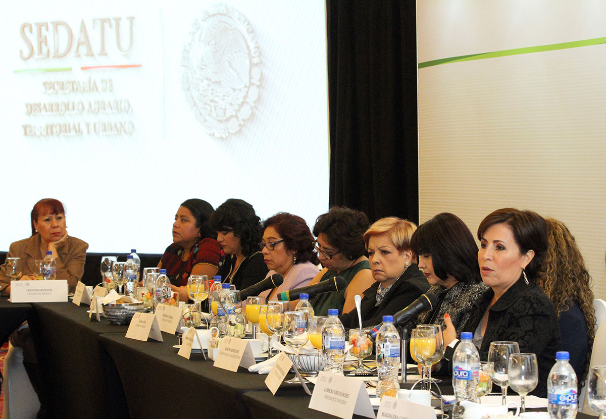 Al centro de este grupo conformado por 70 mujeres líderes de organizaciones civiles y periodistas, se encuentra la titular de la SEDATU Rosario Robles.