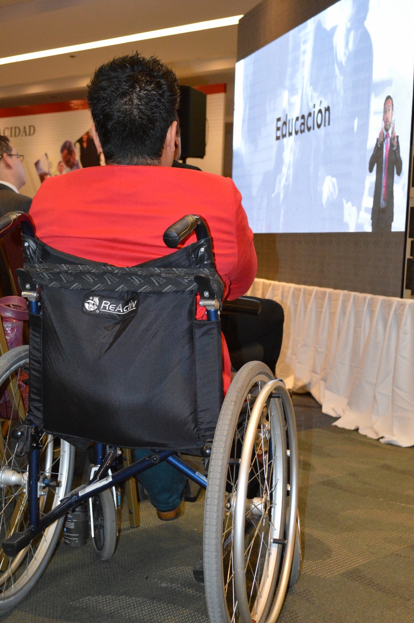 Persona con discapacidad usuaria de silla de ruedas vista por atrás y al fondo la pantalla con la palabra educación
