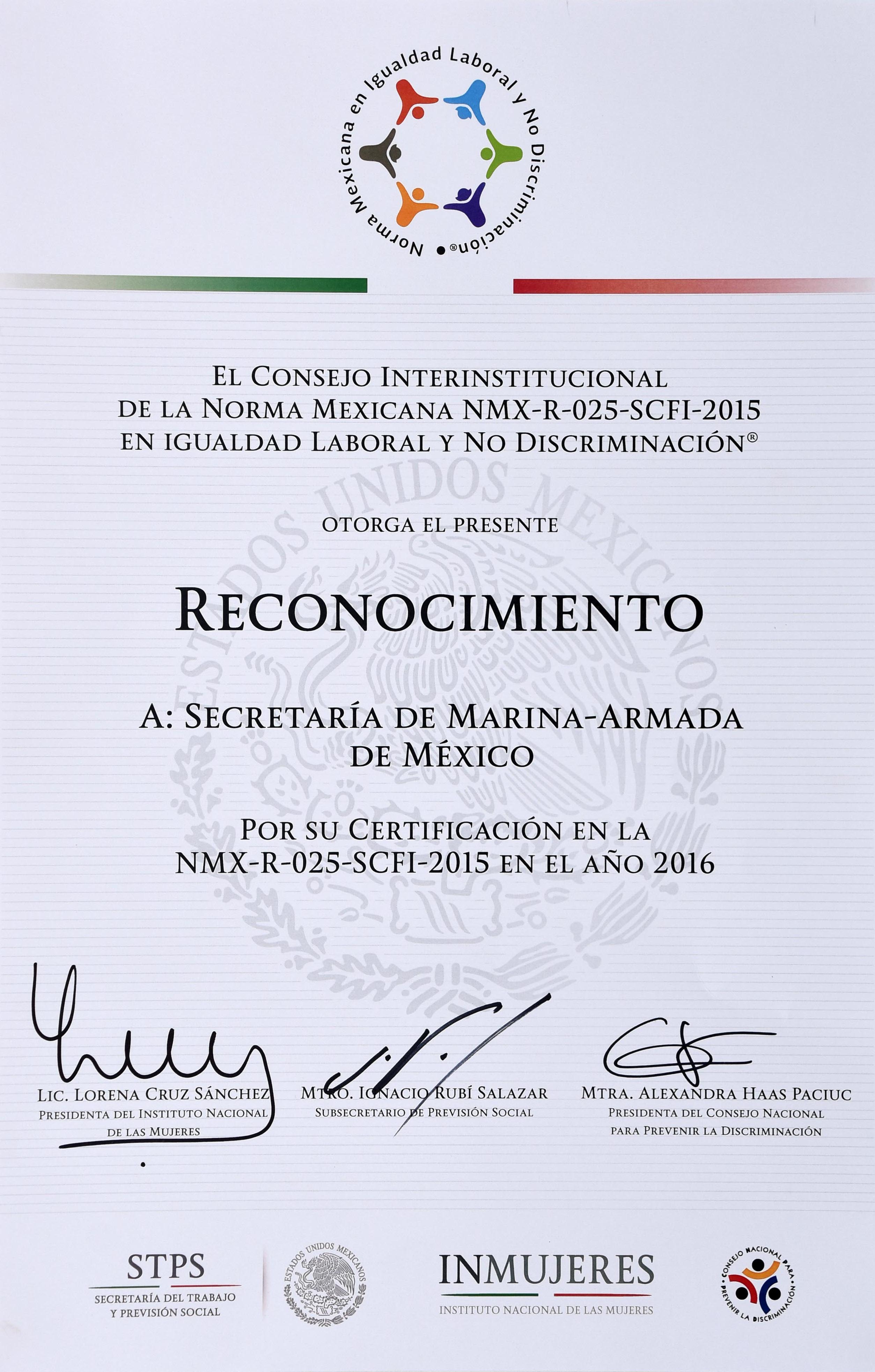 Recibe SEMAR reconocimiento de Certificación de la Norma NMX-R-025-SCFI-2015 en “Igualdad laboral y No Discriminación” 