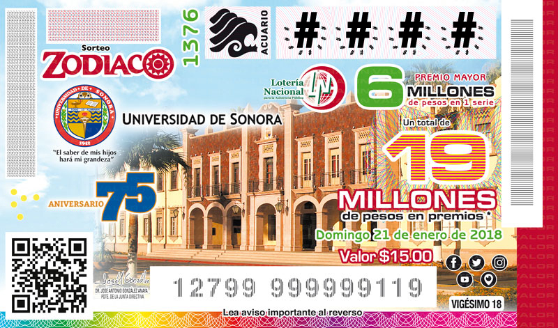 Imagen del billete del Sorteo Zodiaco 1376, alusivo al 75° Aniversario de la Universidad de Sonora