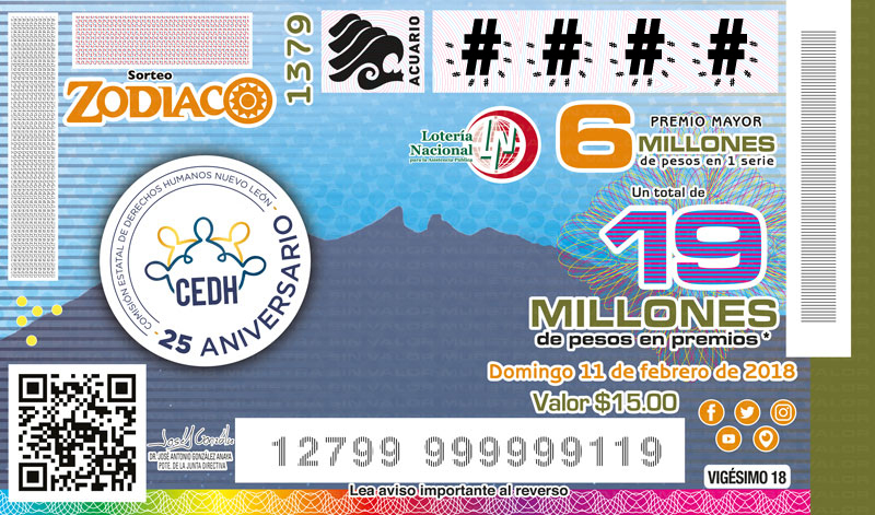Imagen del billete de lotería alusivo al 25 Aniversario de CEDHNL.