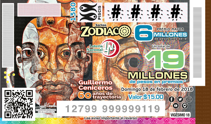 Imagen del billete del Sorteo Zodiaco conmemorando los 60 años de trayectoria de Guillermo Ceniceros. 