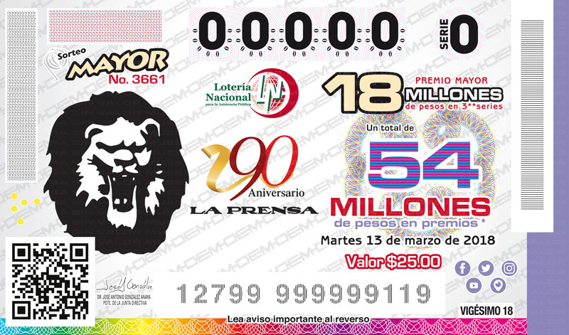 Imagen del billete del Sorteo Mayor No. 3661, conmemorando el 90 Aniversario del periódico  La Prensa.
