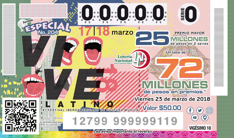 Imagen del billete conmemorativo a 19 Festival Iberoamericano de Cultura Musical Vive Latino 2018. 
