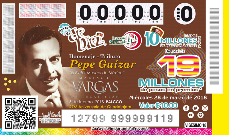 Imagen del cachito del Sorteo de Diez No. 183. Conmemorando a Pepe Guízar  “El pintor Musical de México”
