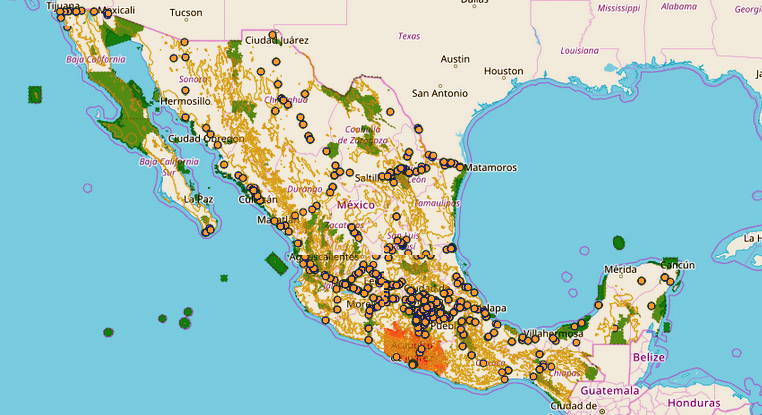 2. Permite visualizar diversas capas de información catastral y registral  de los 30,411 núcleos agrarios certificados en la propiedad social de México.
