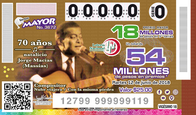 Imagen del cachito del Sorteo Mayor No. 3672 a la conmemoración del 70° Aniversario del natalicio de Jorge Macías Gómez (Massías)