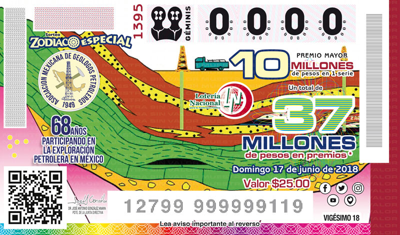 Imagen del billete del Sorteo  Zodiaco No. 1395 alusivo al 68° Aniversario de la Asociación Mexicana de Geólogos Petroleros (AMGP)